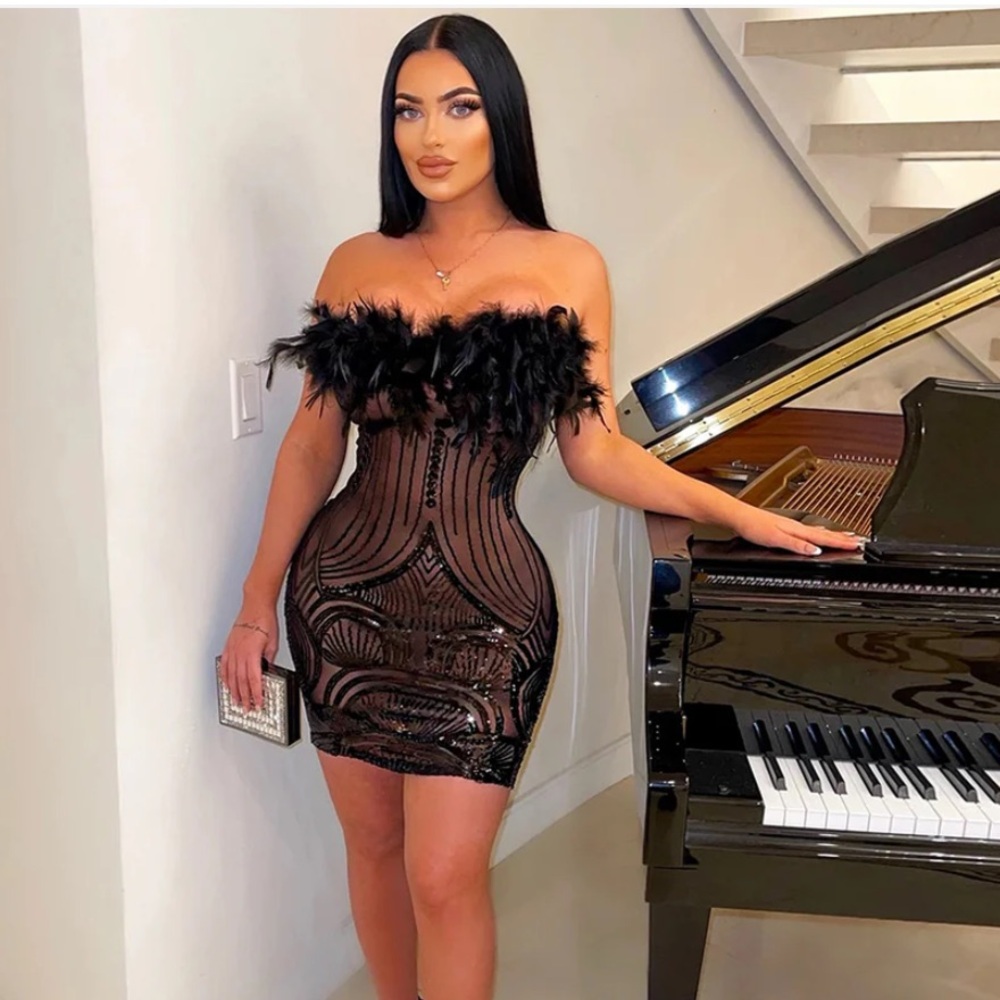 BLACK SEQUIN OFF THE SHOULDER MESH/SEE THROUGH MINI DRESS with FEATHERS